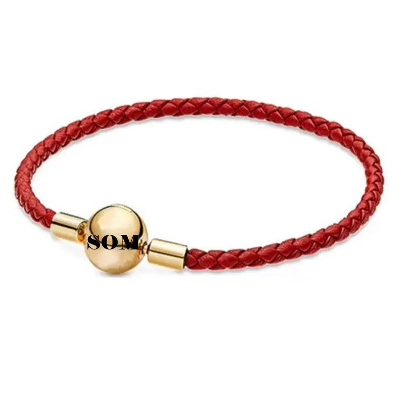 Somi lia- Genuine Ladies Classic Red Natural cowhide Bracelet For Women S925 Fit European Style Charm And Bead,Fashion Jewelry,