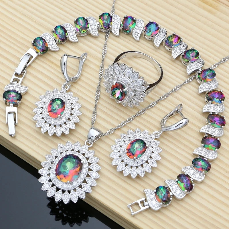 Natural Oval Blue Zircon White CZ Silver 925 Jewelry Sets For Women Party Earrings/Pendant/Necklace/Rings/Bracelet Dropshipping