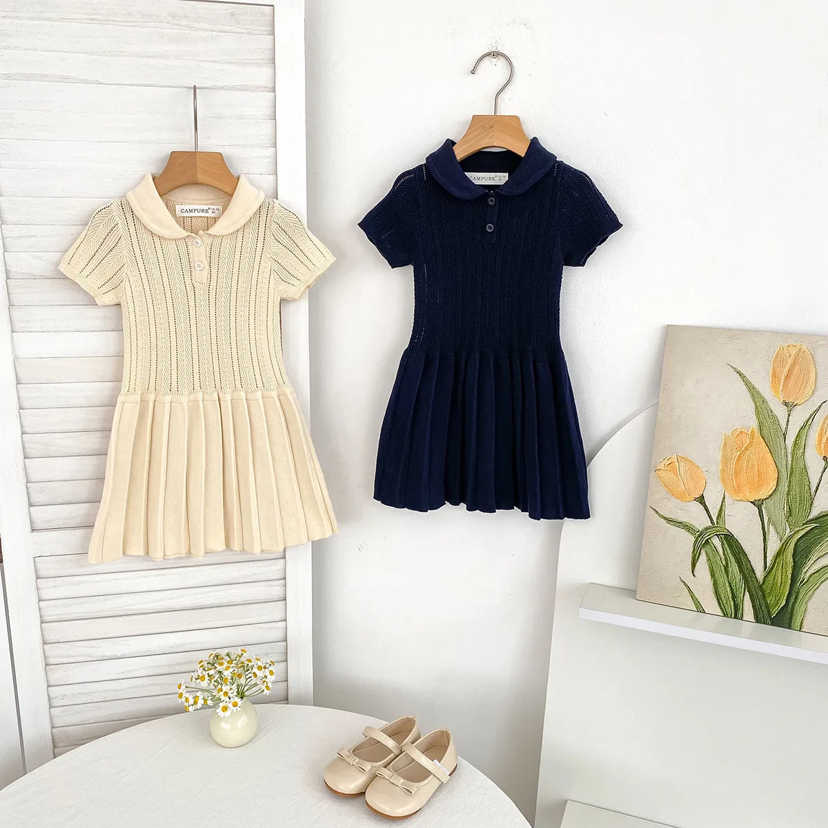 1-5Y Kids Clothes Hollow Out Knit Dress For Girls Preppy Style Childrens  Knit Pleated Dresses