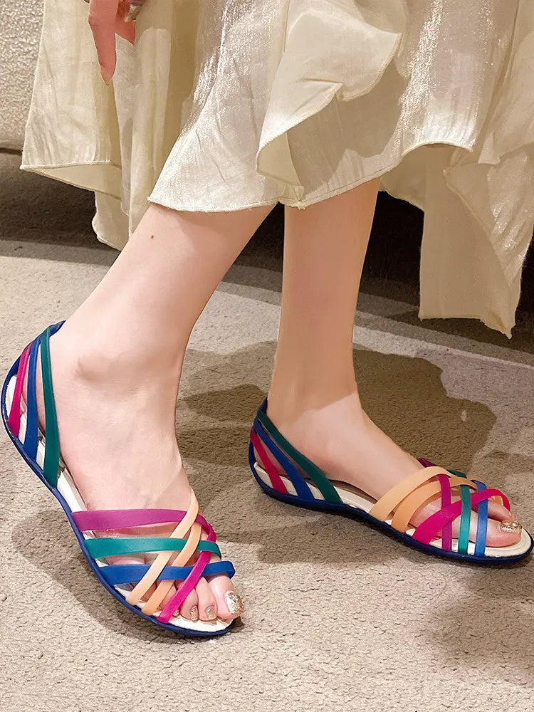 2026 New Women's Sandals Summer Beach Non-slip Flat Heel Soft Sole Crystal Jelly Sandals Fashion Comfortable Shoes for Girl