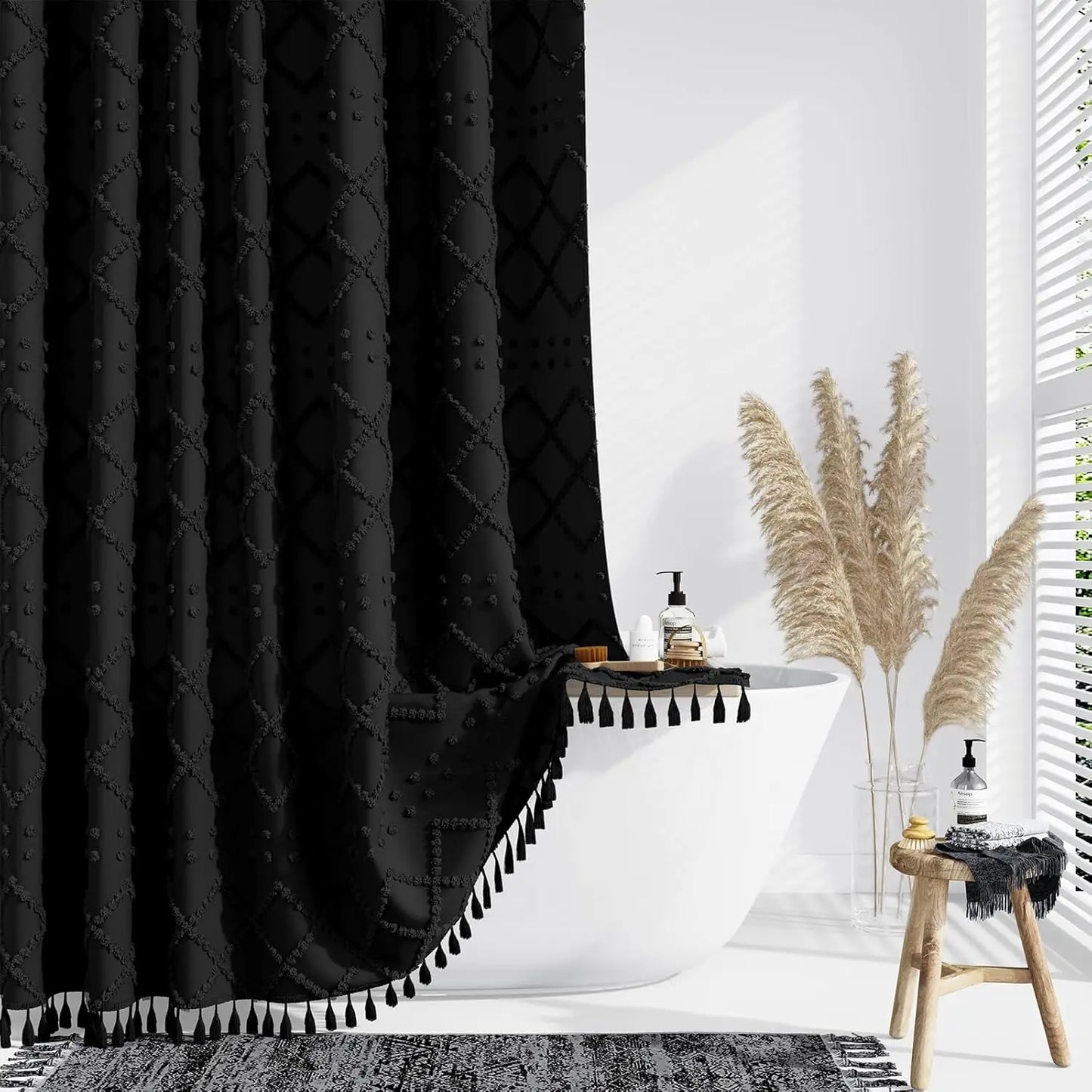 Soft Diamond-Patterned Shower Curtain - Waterproof  Fabric with Boho Tassels,12 Plastic Hooks Included for Modern Bathroom