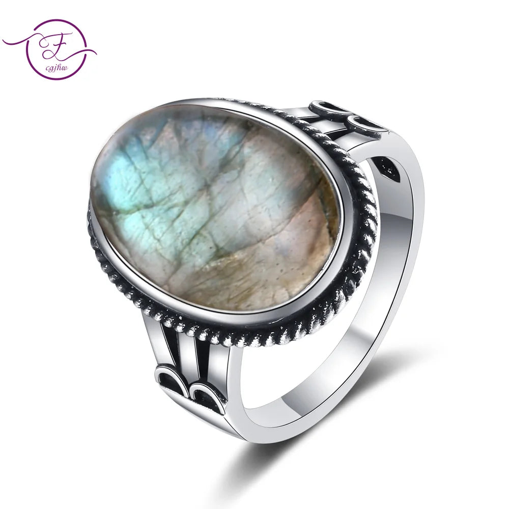 S925 Silver Large Stone 11x17MM Natural Labradorite Tiger Eye Ring for Women Fine Jewelry Party Wedding Anniversary Gift