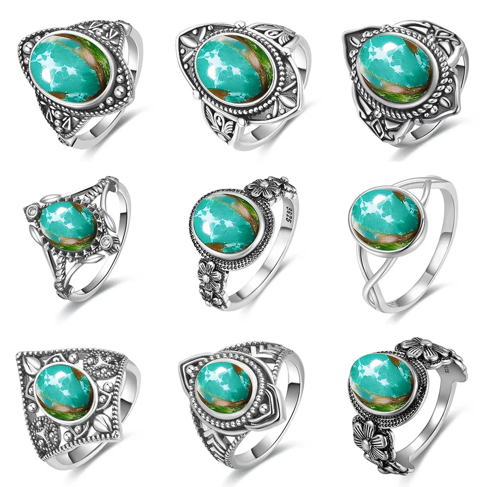 Vintage S925 Sterling Silver Ring with Oval Natural Emperor's Stone Flower Shape Hollow out Ring Fine Jewelry for Women