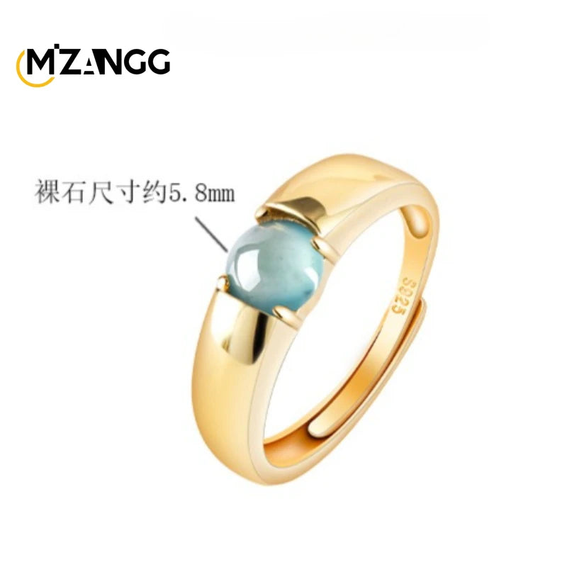 Natural Jadeite Blue Water S925 Silver Inlaid Egg Face Ring Fashion Luxury Glamour Women's Adjustable Jewelry