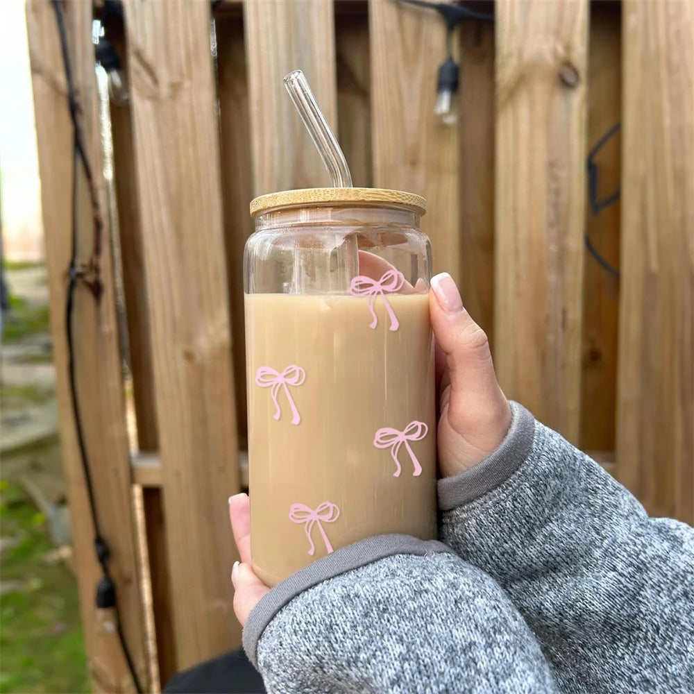 1pc Cute Bow Glass Cup 500ml Tumbler Mason Jar Shaped Bottle With Lids Straw Coffee Cups Party Gift for Iced Coffee Juice Cup