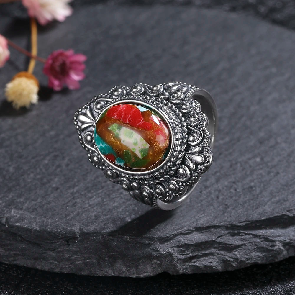 Oval Natural Labradorite Rings for Women Men S925 Silver Ring Finger Ring Retro Gemstone Rings Jewelry Party Gift