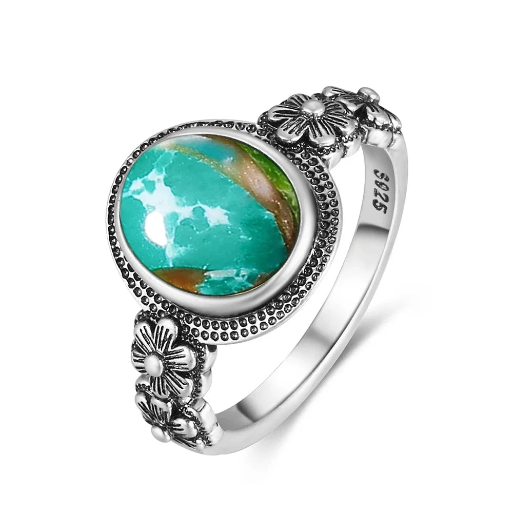 Vintage S925 Sterling Silver Ring with Oval Natural Emperor's Stone Flower Shape Hollow out Ring Fine Jewelry for Women