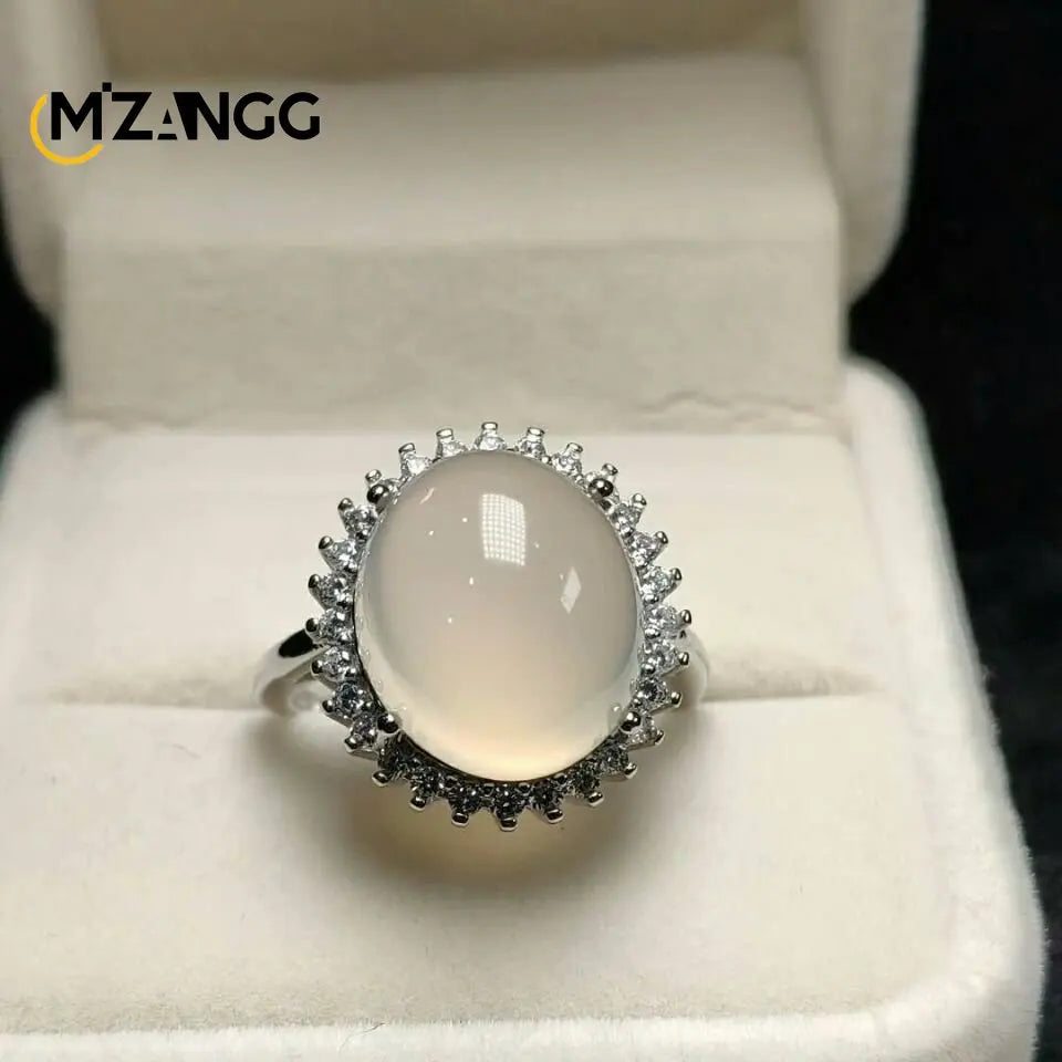 S925 Silver Inlaid Agate Ring Opening Adjustable Natural Green Chalcedony Hand-carved Ring Fashion Boutique Jewelry Women Ring