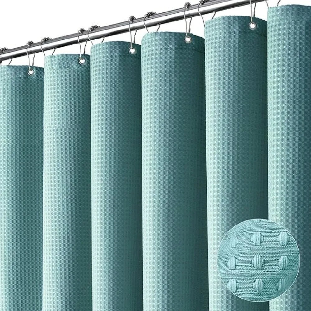 Waterproof Plain Waffle Shower Curtain Mildew-proof Solid Color Shading Curtain Polyester with Hooks Bathroom Partition Curtain
