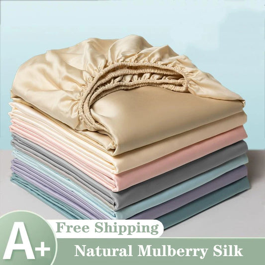 Mulberry Silk Fitted Bed Sheet with Elastic Bands Luxury Mattress Cover Single Double King Queen Size Bed Cover 100/140/200/220