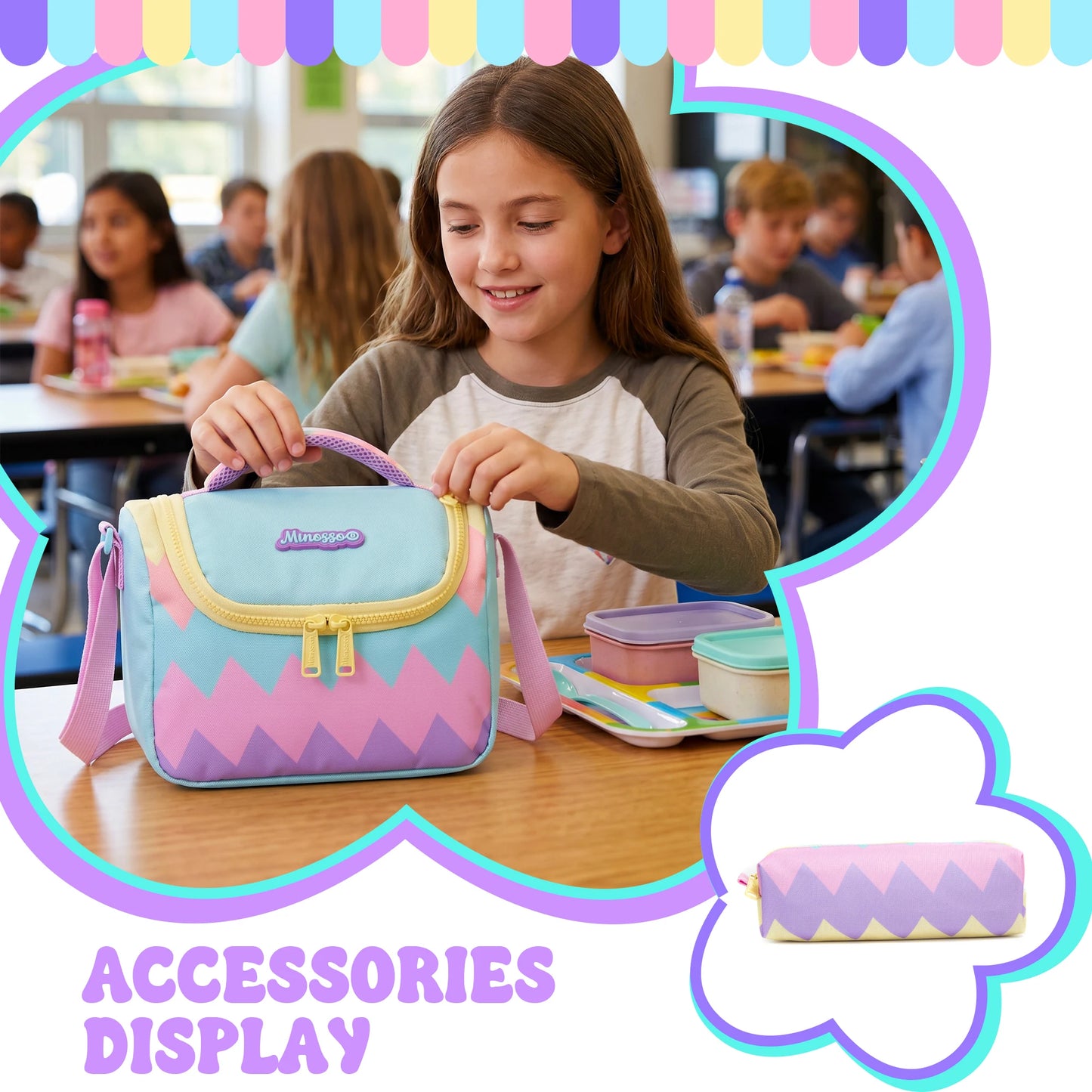 Cute Lightweight School Backpack for Girls 6-8, Kids Bookbag with Insulated Lunch Box, Elementary Daypack for K-3rd Grade