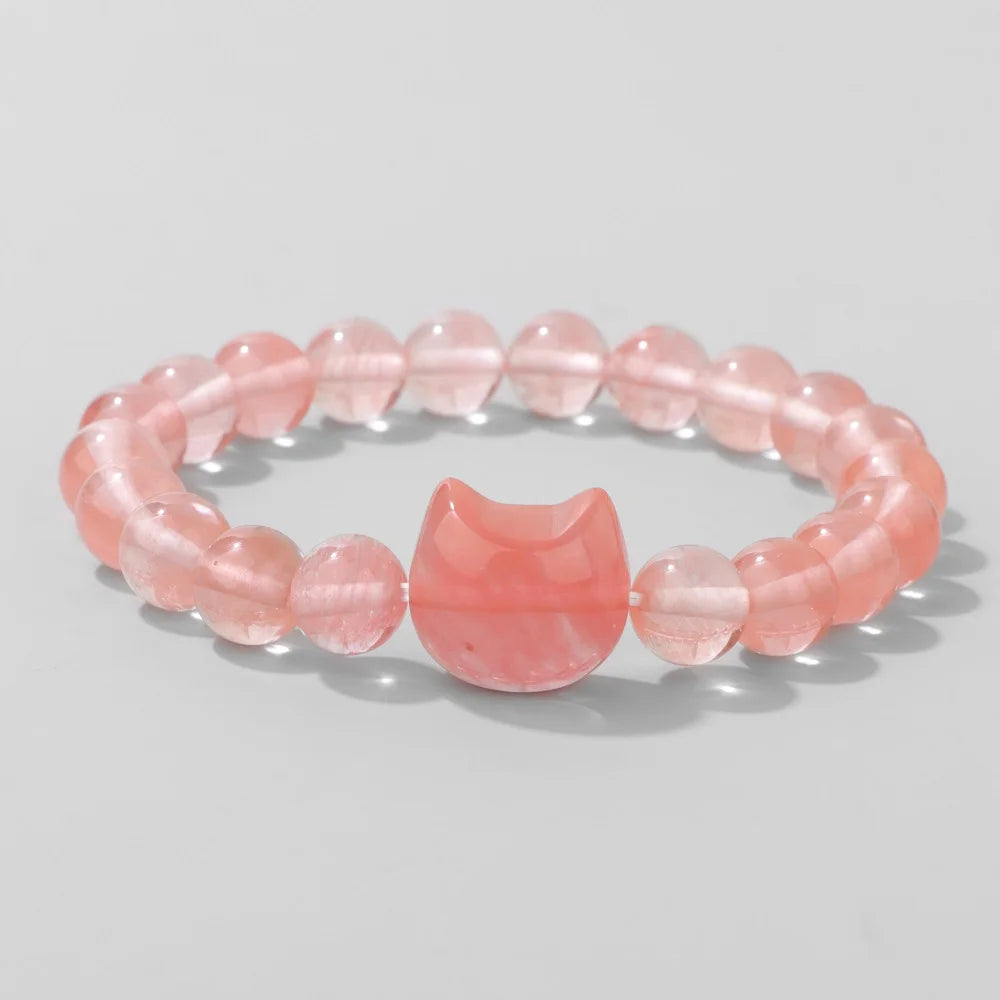 Natural Cat Head Carved Stone Bracelet Tiger Eye Amethyst Agate 8mm Round Gem Bead Elastic Bracelets For Women Men Jewelry Gift
