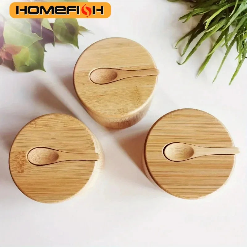 Salt Seasoning Jars Pepper Jar Bamboo Condiment Box Bowl Storage Pot Set Wood Sugar Container Holder Lid Function Multi Bowls