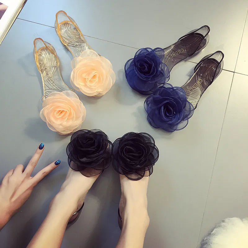 Size 35-41 Women Girls Transparent PVC Jelly Sandals Peep-toe Flats Summer Shoes INS Hot Sales Lace Camellia Flower Slippers