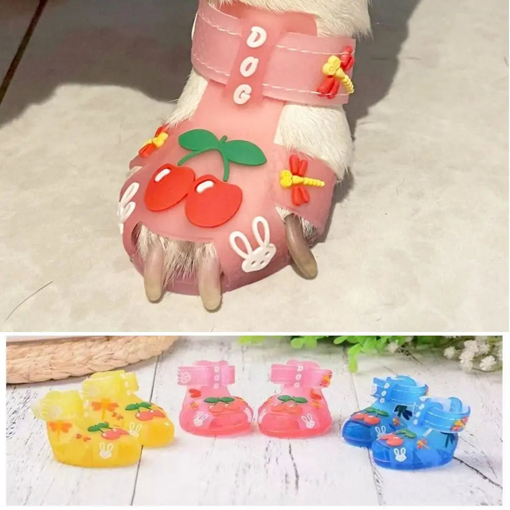 4Pcs/Set Cartoon Dog Summer Jelly Sandals Non-slip Adjustable Breathable Dog Shoes Wear-resistant Waterproof Hollow Puppy Shoes