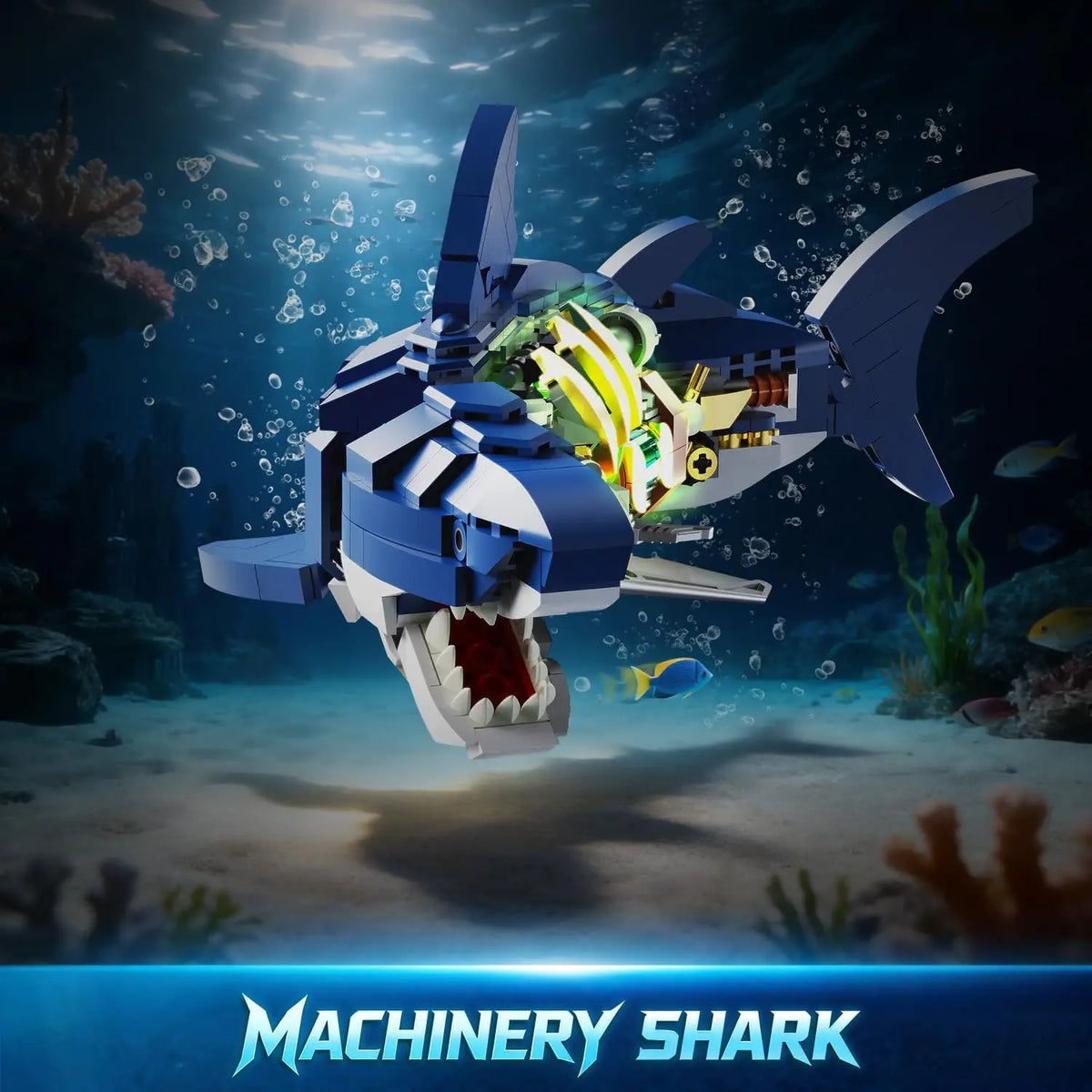 Mechanical Shark Building Set STEM Toy with LED Light  Interactive Shark Building Block with Crank Mechanism, 687 PCS Sea Animal Toy Birthday Christmas Gift for Adults Teens