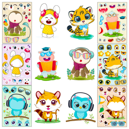 6 Sheets Cartoon Animal Face Mix and Match Stickers, Kids DIY Educational Puzzle Craft Toys