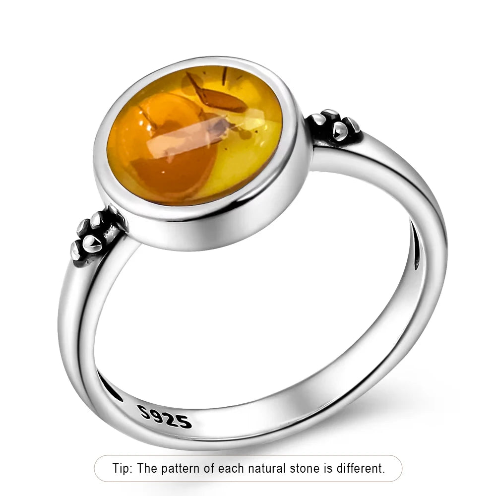 S925 Sterling Silver Ring With Natural Amber Stone Flower Shape Oval Petal Amber Stone Gifts Fine Jewelry For Women