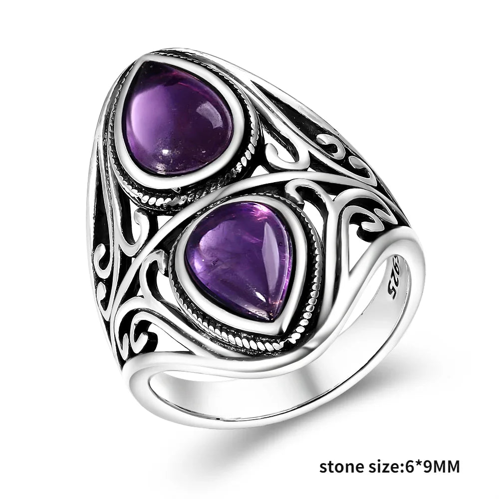 Luxury Vintage Ring Natural Amethyst Rings S925 Silver Jewelry Wedding Anniversary Party Ring Gifts for Women