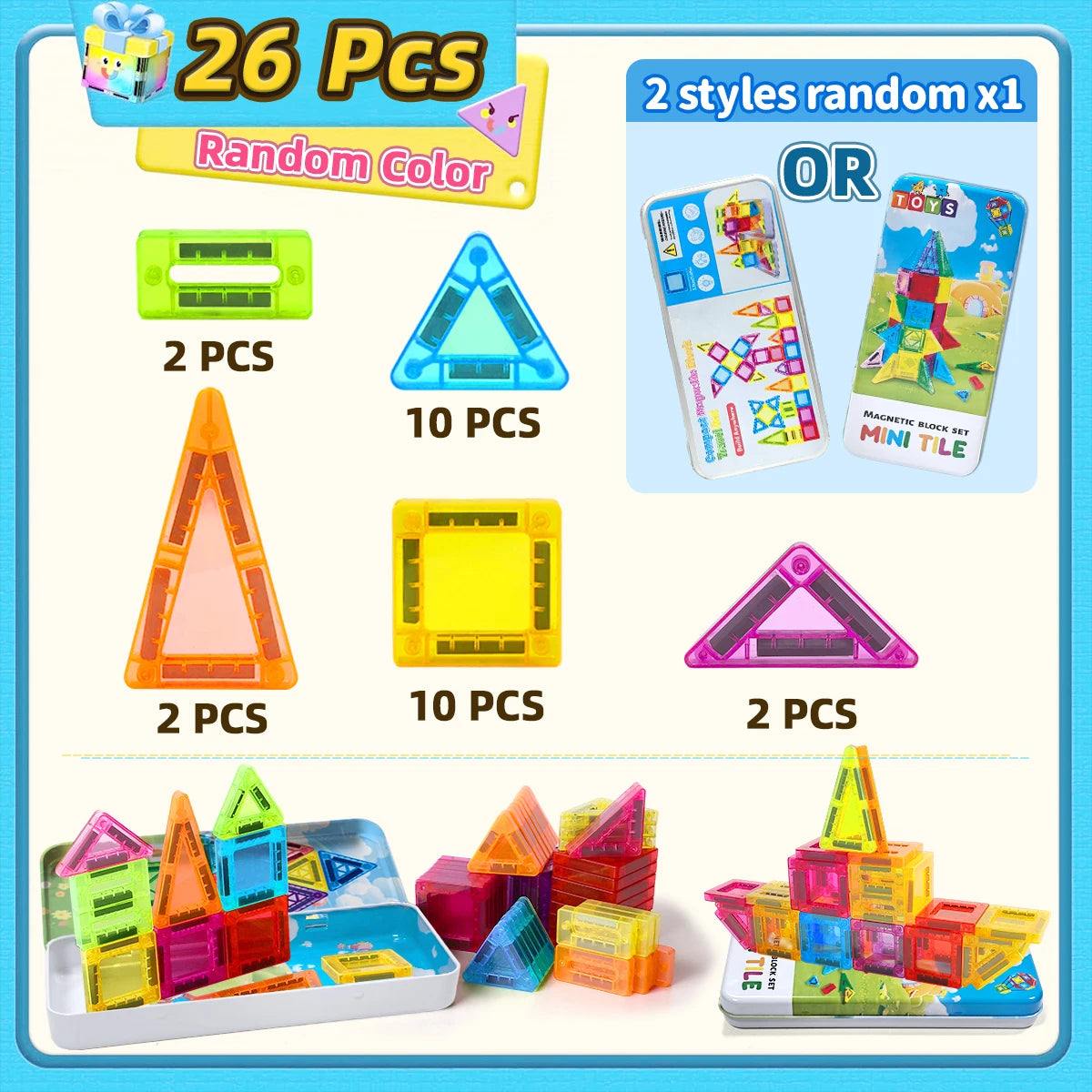 26/38pcs with iron box - Colorful Magnetic Building Blocks set, suitable for kid's learning and education magnetic toys,gifts