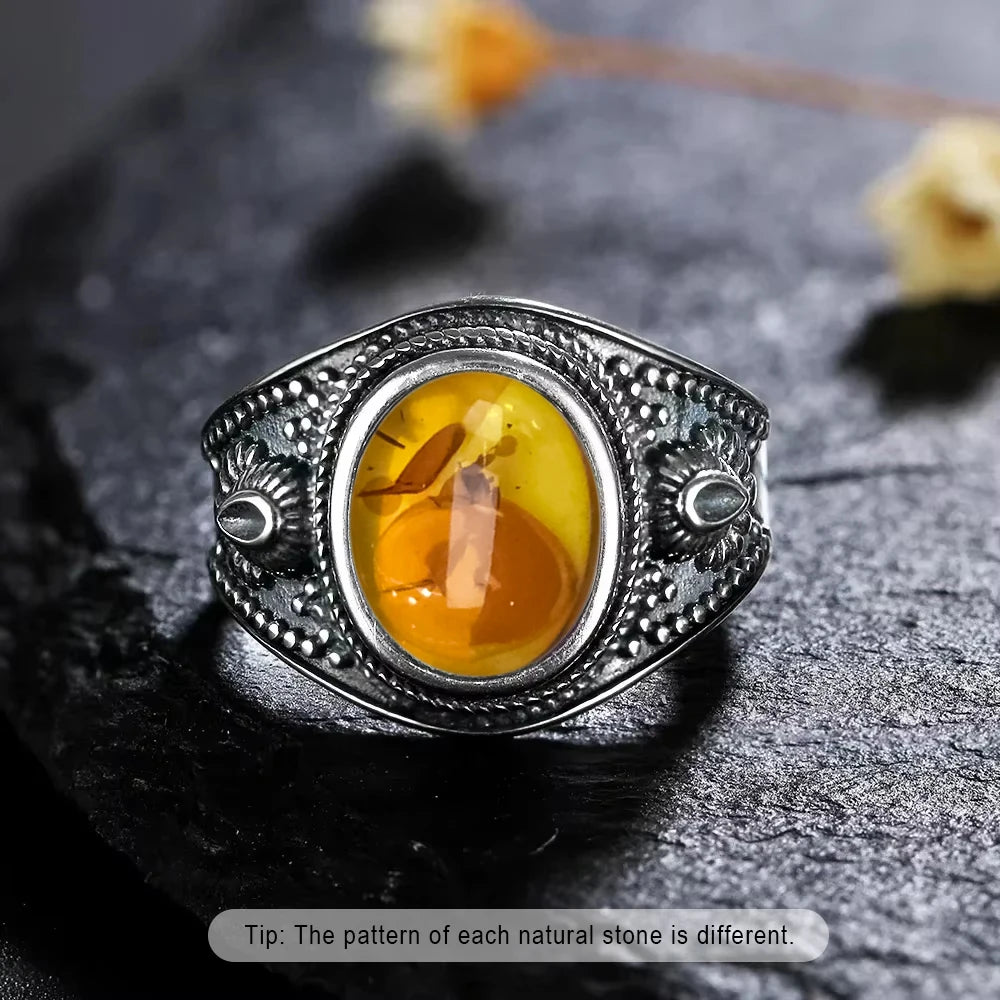S925 Sterling Silver Ring With Natural Amber Stone Flower Shape Oval Petal Amber Stone Gifts Fine Jewelry For Women