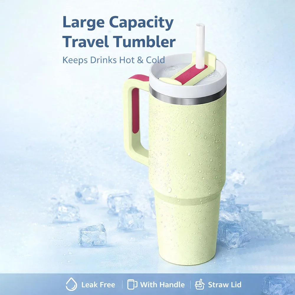 Insulated Tumbler with Handle and Straw Lid, 40oz Large Capacity Travel Mug, Stainless Steel Vacuum Cup for Hot Cold Drinks