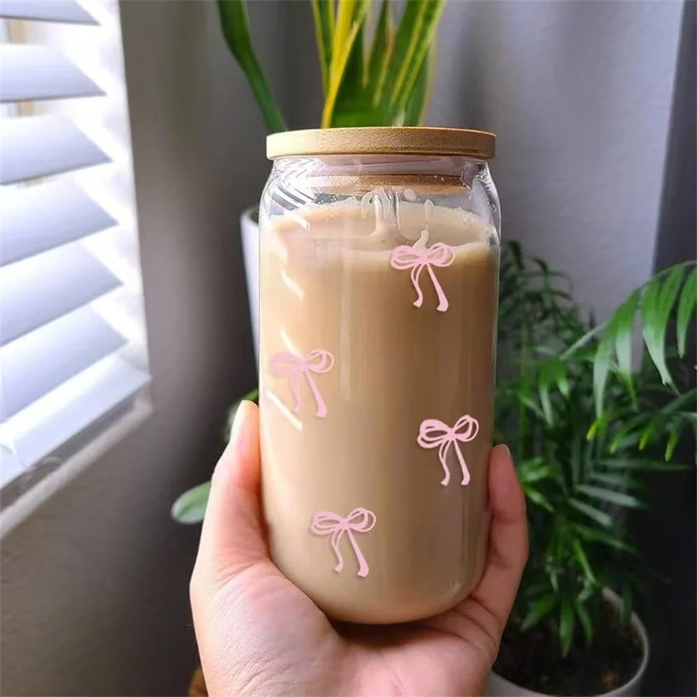 1pc Cute Bow Glass Cup 500ml Tumbler Mason Jar Shaped Bottle With Lids Straw Coffee Cups Party Gift for Iced Coffee Juice Cup