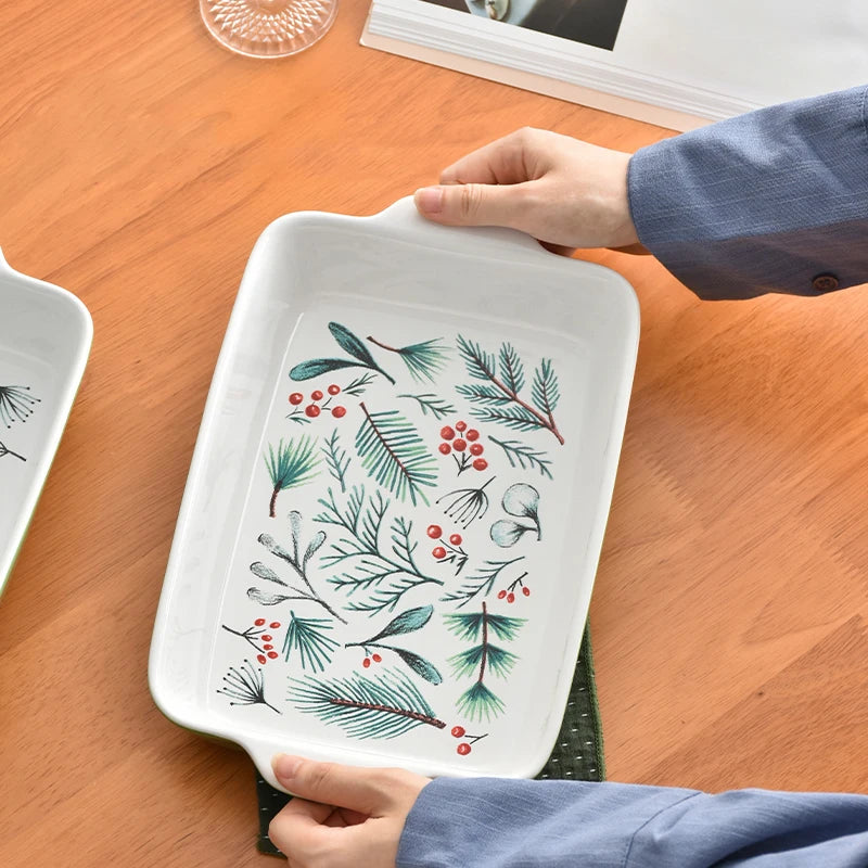 Texture Green Au Gratin Dishes Plants Print Double Ear Rectangle Ceramic Plates 1600ML Cake Bread Baking Tray Durable Tablewares