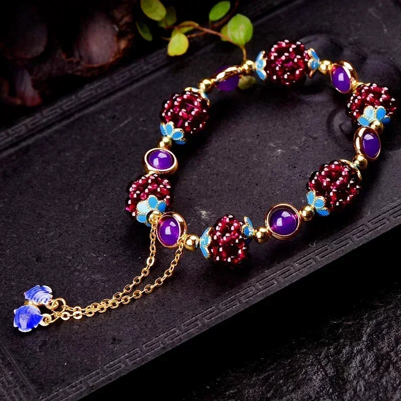 Vintage Simple Bohemia Fashion Natural Garnet Stone Ethnic Bracelet Multi-Circle Pomegranate Crystal Charming Bracelet Gifts