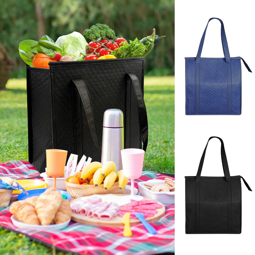 Large Insulated Reusable Grocery Bag with Zipper & Front Pocket, keep cool/warm for hours for Camping Picnic, fishing, shopping