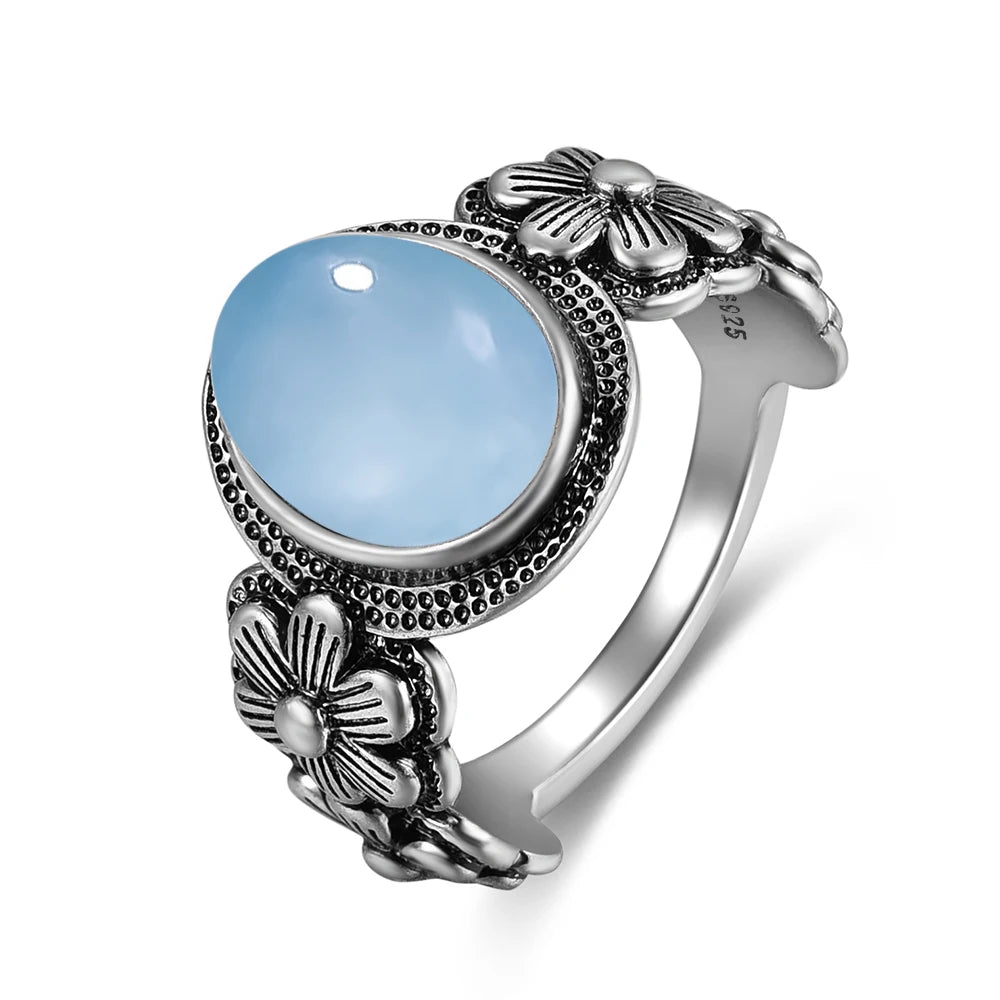 Vintage S925 Sterling Silver Rose Flower Ring With Oval 8*10mm Natural Moonstone Sweet Ring Fine Jewelry For Woman