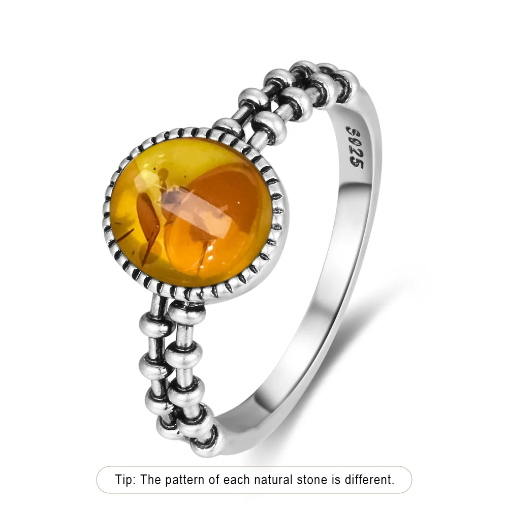 S925 Sterling Silver Ring With Natural Amber Stone Flower Shape Oval Petal Amber Stone Gifts Fine Jewelry For Women