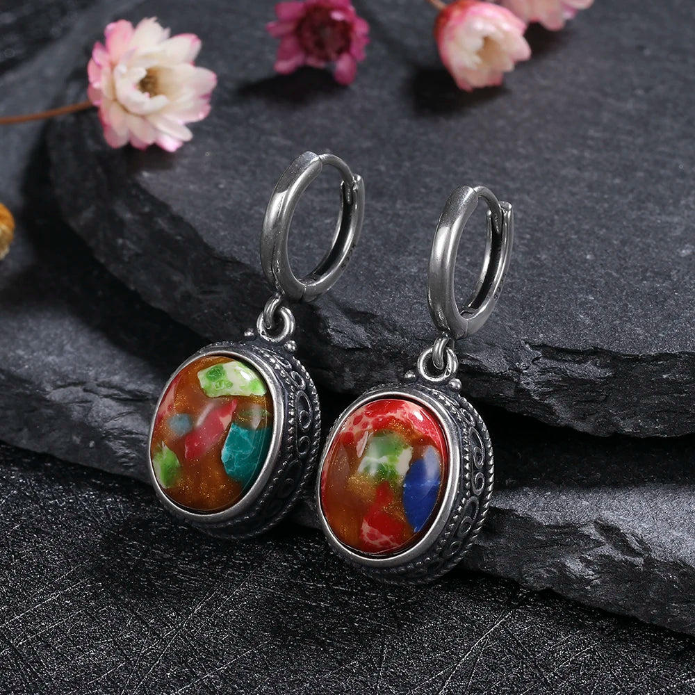 S925 Silver Earring Oval Emperor Stone Hoop Earrings for Women Retro Moonstone Party Dainty Jewelry Birthday Gift