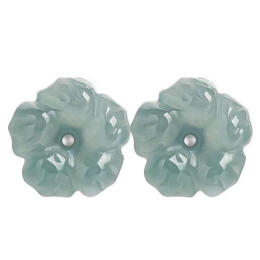 Natural A-grade Jadeite Blue Peach Blossom Earrings With Ice Seed Jade Petals S925 Silver Inlaid Antique Style Women's Jewelry