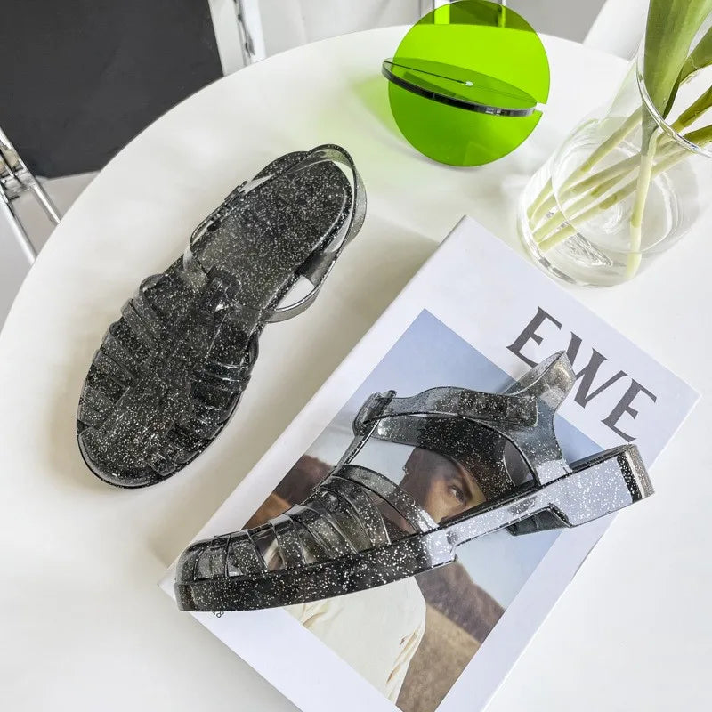 Summer Baotou Roman Women's Sandals Vintage Flat Heel Transparent Crystal Beach Shoes Flat Bottom Plastic Jelly Shoes SHW147