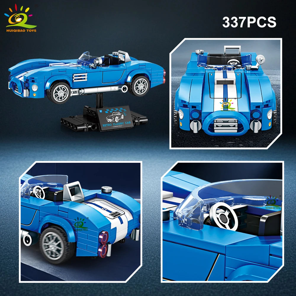 HUIQIBAO MOC Vintage Sports Car With Display Rack Building Blocks Set Retro Classic City Racing Truck Model Bricks Kit Ornament