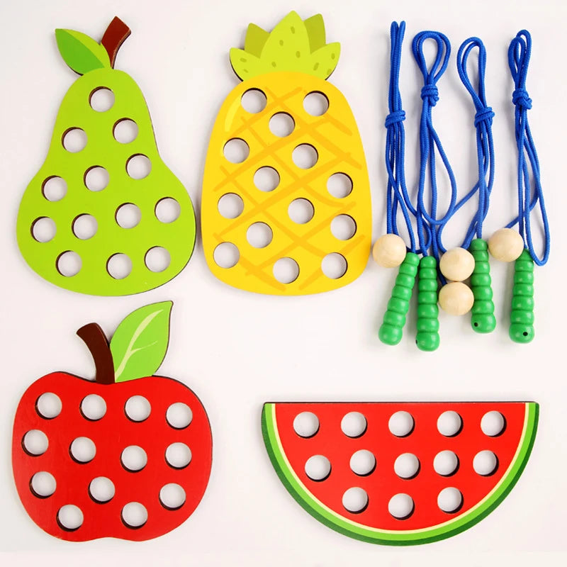 Fruits Threading Teaching Toys Wooden Lacing Toy Kids Toddlers Fine Motor Skills Toy Activity Early Educational Toys Boys Girls