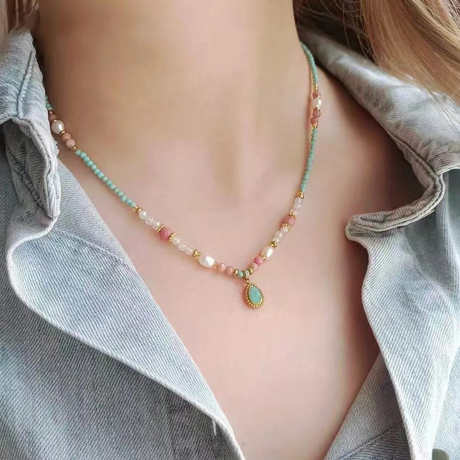 Natural Stone Pearl Bead Chain Water Droplet Pendant Necklace 2025 Fashion Jewelry For Women's Sexy Collarbone Chain Accessories