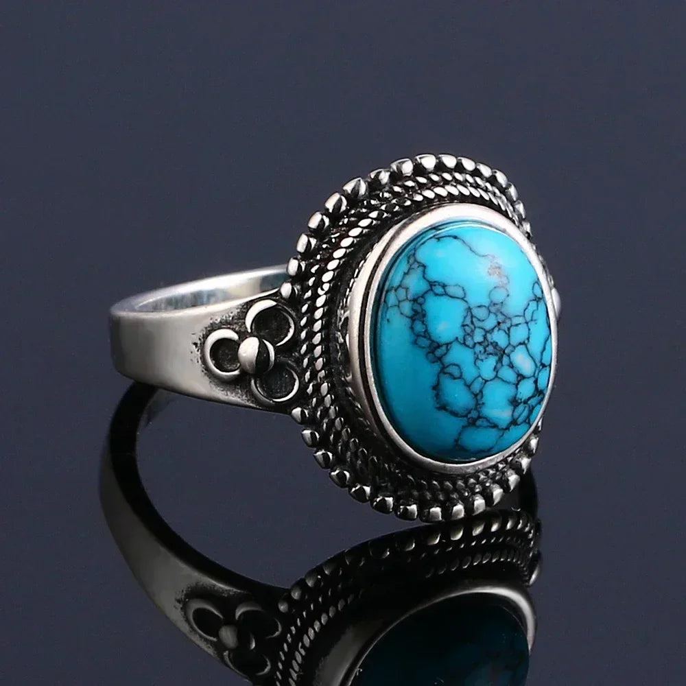 S925 Sterling Silver Ring Vintage Ring Gemstone Ring Silver Fine Jewelry Natural Turquoise Rings