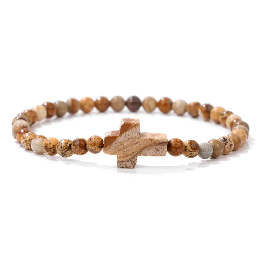 Trendy 4mm Beads Bracelet Stone Cross Charms Bracelet For Women Natural Gems Crystal Bangles Handmade Jewelry Men Yoga Prayer