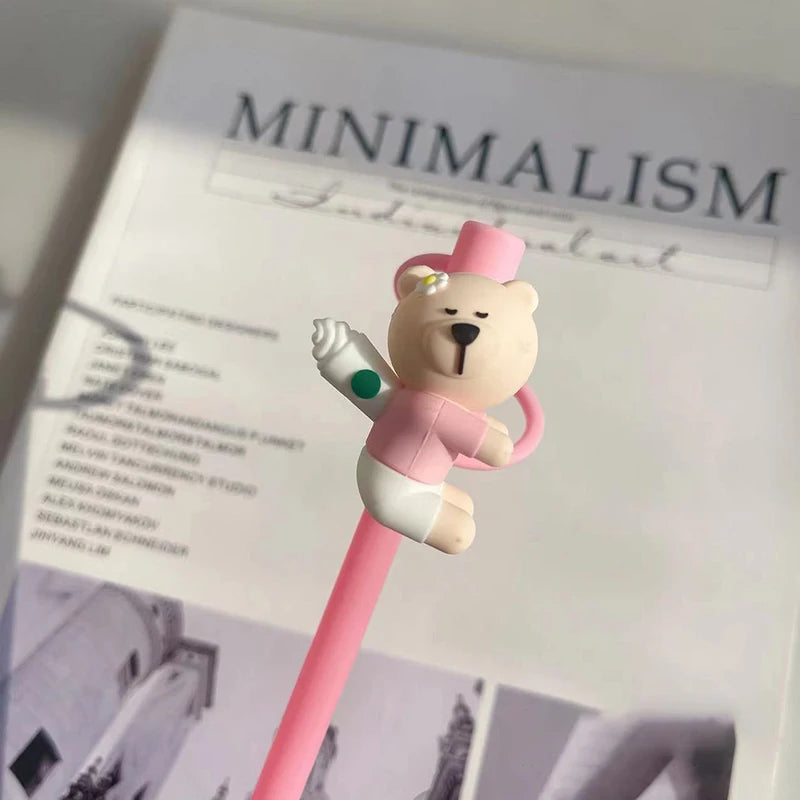 Cute Bear Straw Cover Dust Cap Silicone Kawaii Cherry Straw Toppers For Tumbler Pink Drinking Charm Decor Cover For 7-8mm Straws