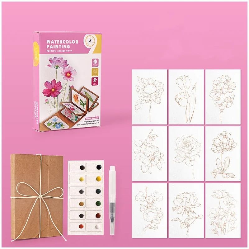 Bview Art Artistic Watercolor Kit: 12-Pan Solid Paints with Expandable Kraft Paper Folder, Compact Travel Painting Supplies
