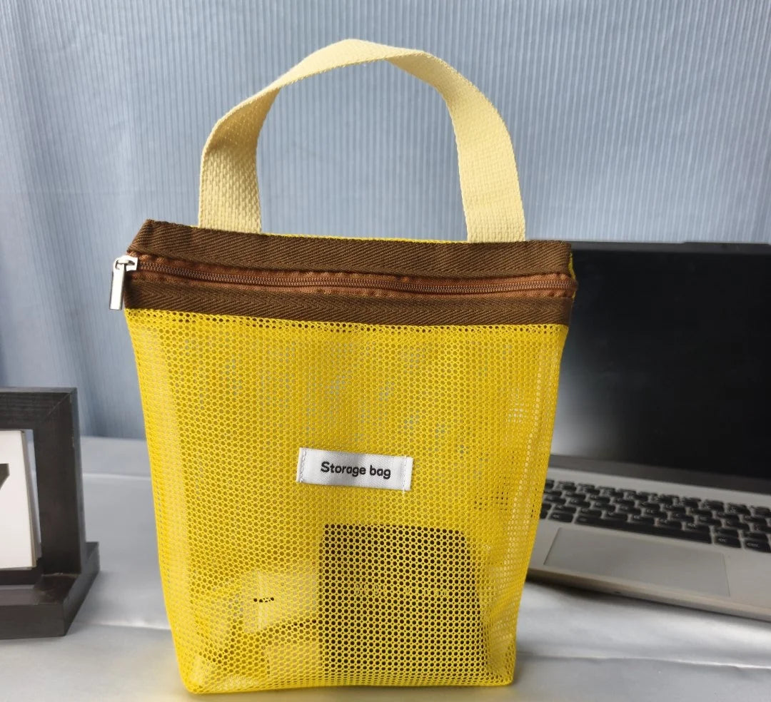 Ins Style Vibrant Bright Color Summer Mesh Tote Bag Small Cosmetic Bag Handbag Foldable Portable Toiletry Bag Women's Beach Bag