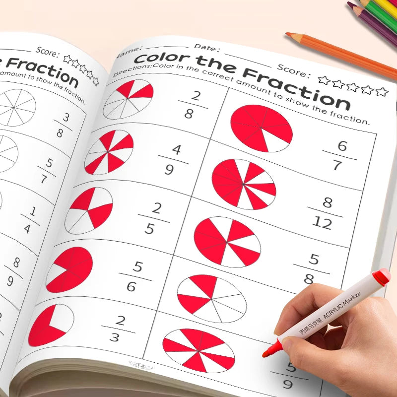32 Pages/Set Math Fraction Workbook for Kids Learning Basic Fractions Educational Mathematics Exercise Book Teaching Aids