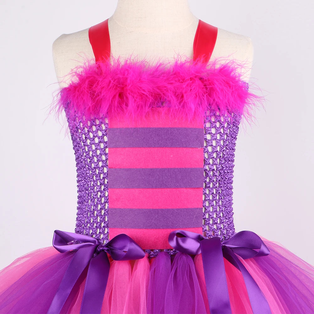 Girls Cheshire Cat Costume Kids Wonderland Cartoon Magic Striped Cat Tutu Dress Girls Halloween Carnival Party Dress Up Outfits