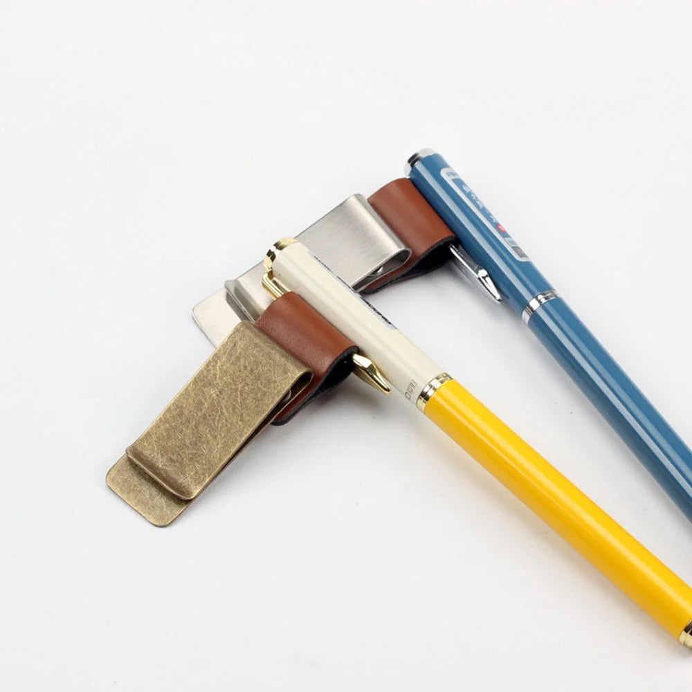 STONEGO Handmade Leather Brass Stainless Steel Pen Holder Clip Journal Notebook Paper Folder Writing Office Supplies