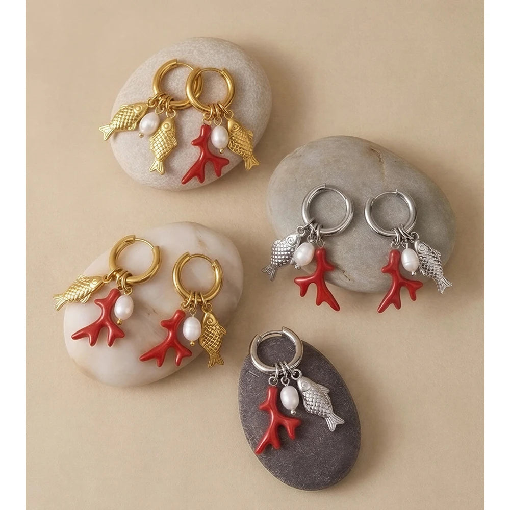 Yhpup Ocean Style Stainless Steel Natural Pearl Fish Drop Charm Earrings Summer Handmade Arrivals Ear 2026 Jewelry PVD Plated