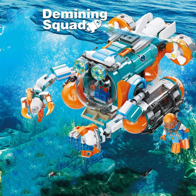 STEM Ocean Exploration Submarine Building Blocks, Demining Squad Bricks Set with Working Claws, Educational Assembly Toy for Kid