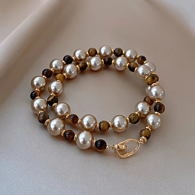 Maillard Natural Tiger's-eye Champagne Pearl Bead Necklace For 2024 Fashion Jewelry Women's Sexy Sweater Chain Neck Accessories