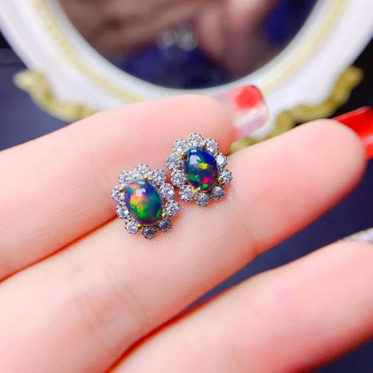 Natural Black Opal Earrings S925 Pure Silver with Certificate Fine Fashion Weddings Charm Jewelry for Women